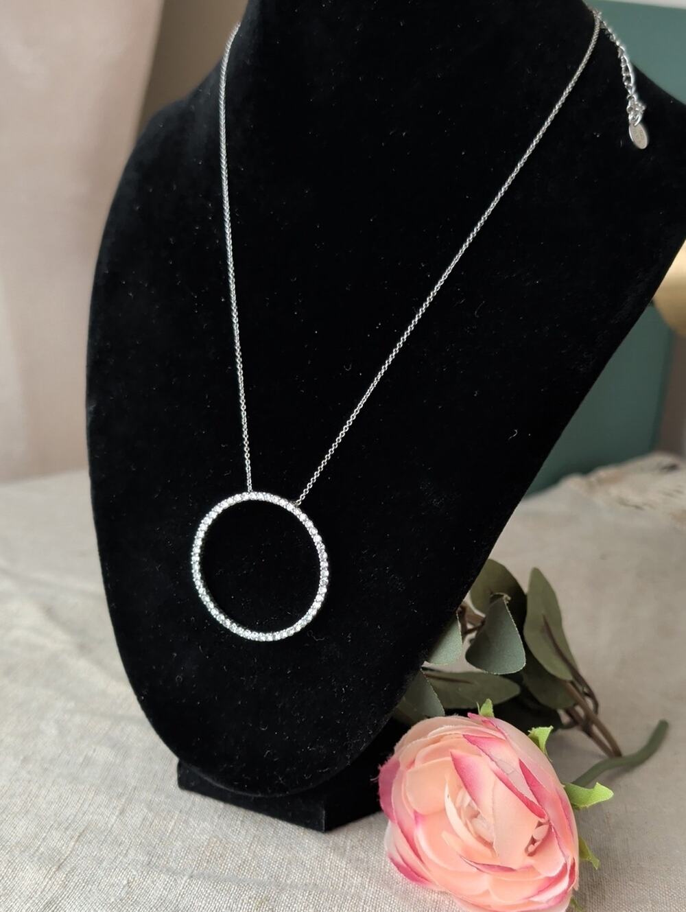 Sterling Silver CZ Circle Necklace 925  Pavé Eternity Karma Pendant Minimalist